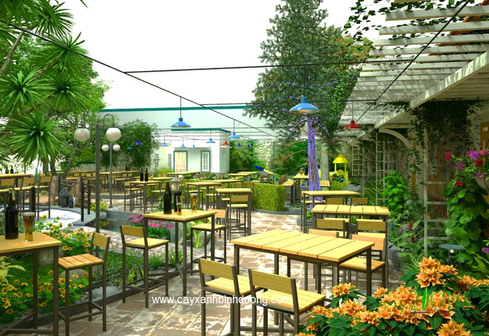 thiết kế quán cafe sân vườn đơn giản